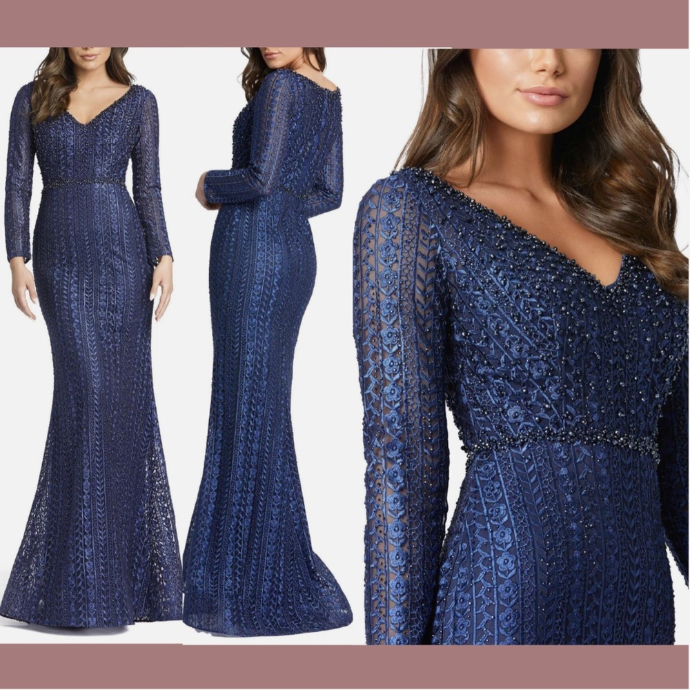 NWT $598 Mac Duggal [ 16 ] Embroidered Long‎ Sleeve V-Neck Trumpet Gown #G1301
